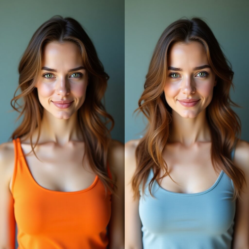 Flux Dev Split image comparison left side woman with soft summ 3