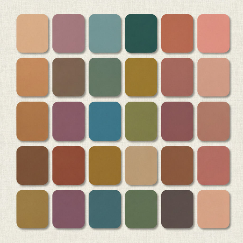 gemini 2.5 flash image Flat lay color palette swatches for soft autumn color analysis muted warm earthy 0