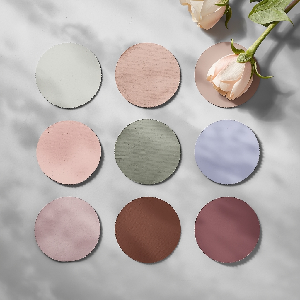 lucid origin Flat lay color palette swatches for soft summer color analysis muted dusty color 0