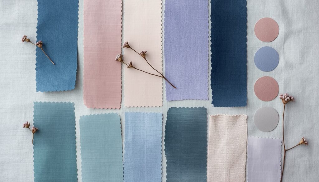 lucid origin Flat lay color palette swatches for cool summer color analysis soft cool colors 3